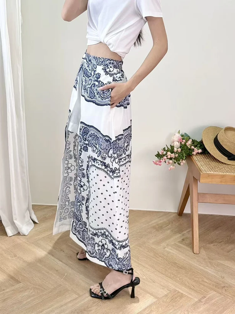 

High Quality Summer New Fashion Printed Shorts Skirt for Women Front Slit High Waist Midi-length Jupe Ladies