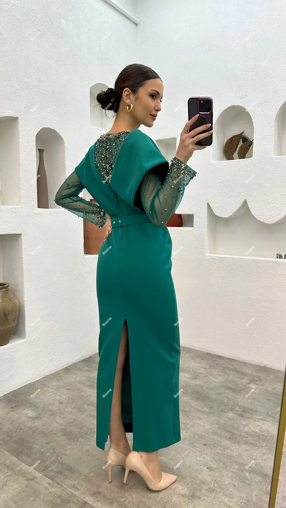 Booma Mermaid Evening Dresses Long Sleeves Belt Sequins Formal Occasion Dress Ankle Length Party Prom Gowns Outfits for Women