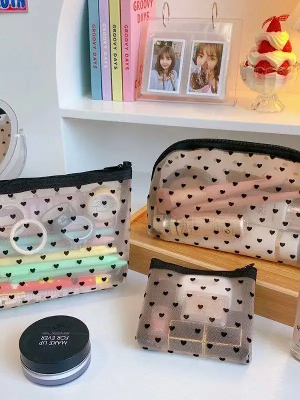 愛らしい透明メッシュ化粧品バッグボックスセットかわいいジッパープリントトラベルバッグ女性のハンドバッグファッショナブルな収納オーガナイザー