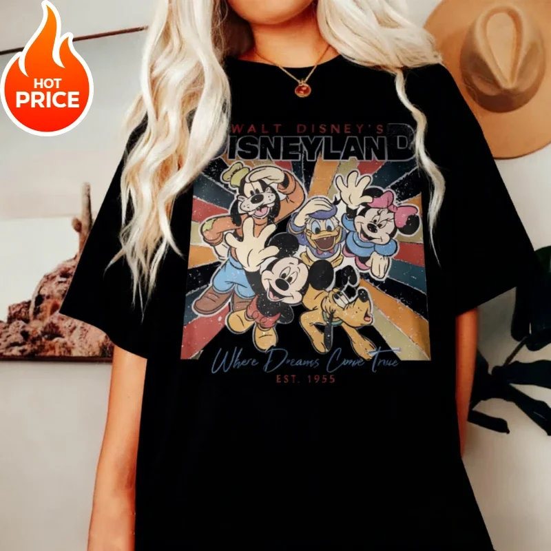 

2025 New Hot Vintage Mickey Mouse Disney Boy Girl Summer T-shirt Family Parent-child Outfit Oversized Casual Men Women Top Tee