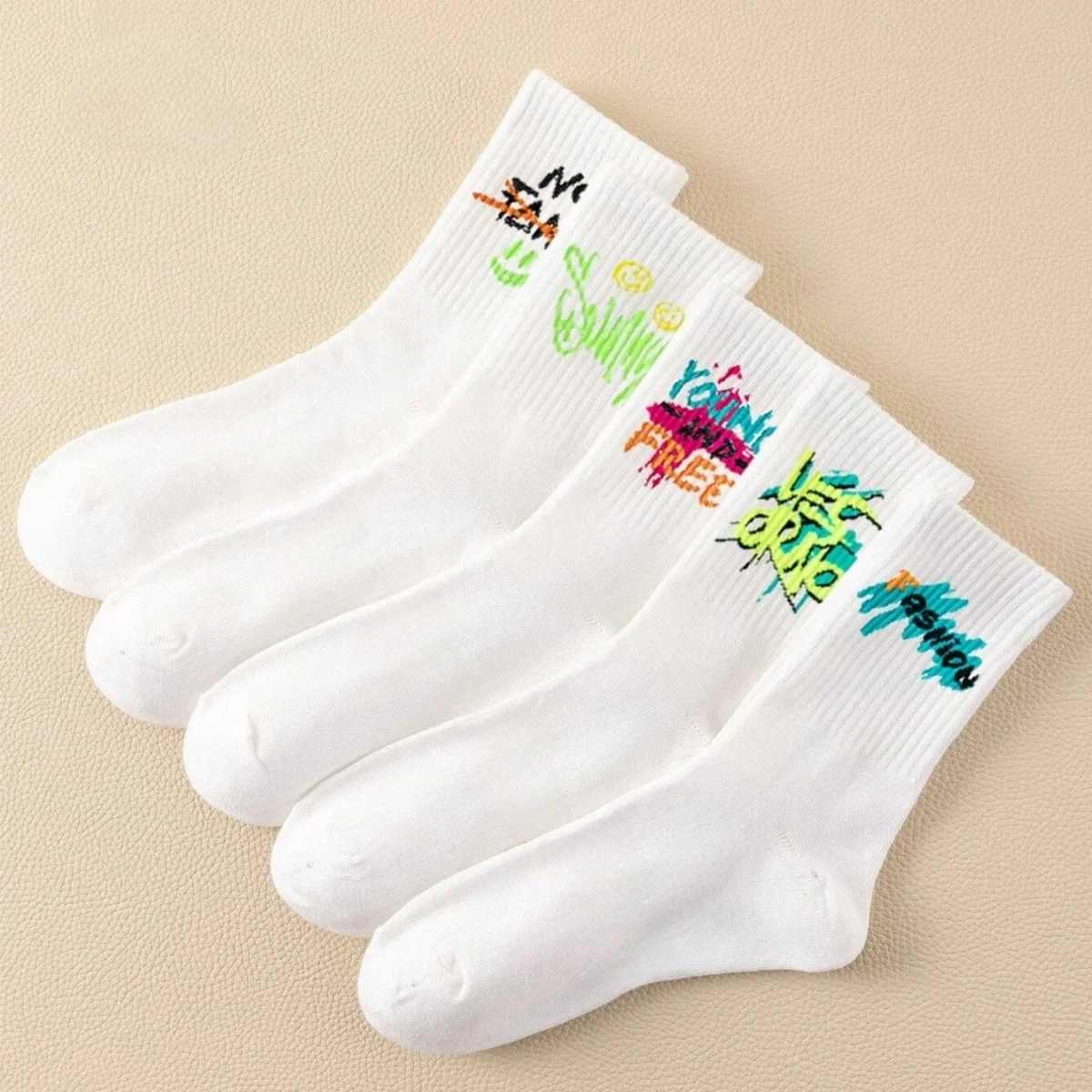 3/5/10 Pairs of Women's Mid-Calf Socks in Random Colors, Black and White, Breathable, Comfortable, Skin-Friendly, Soft, Elegant, Fun, Fashionable, Versatile, Student Style, Spring, Summer, Autumn, Winter