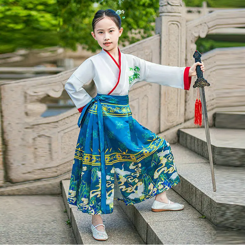 

Chinese Traditional Clothes For Girls Top And Manmian Skirt 2 Pieces Suit Set Hanfu Twinset Oriental Auspicious Pattern Garment