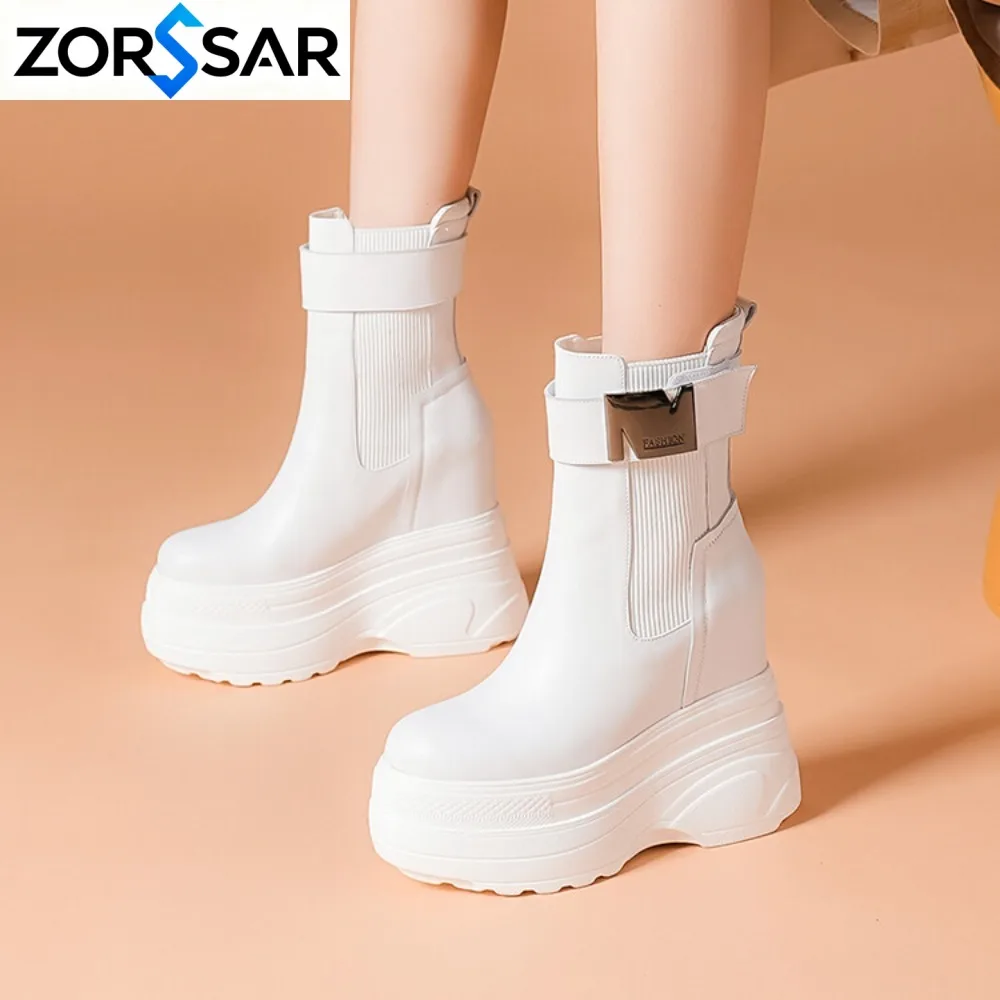 New Women Fur Ankle Boots Thick Sole Leather Combat Motorcycle Boot Autumn Winter Warm Plush High Platform Snow Shoes Woman 14CM
