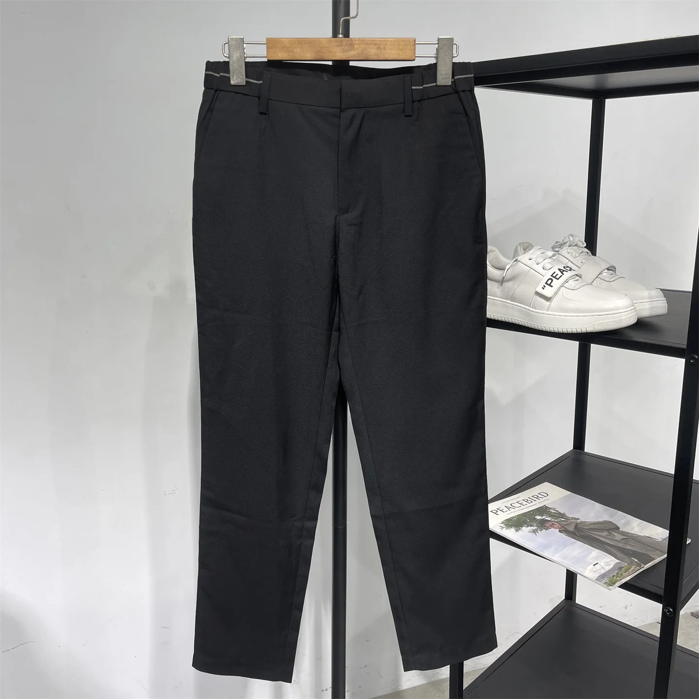 

Men's Slim Fit Casual Pants Straight Leg f Elastic Waist Thin Anti-Wrinkle Summer Breathable Pure Bla Casual Trousers