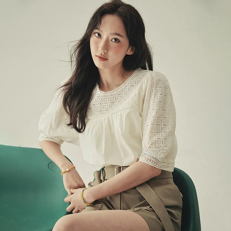 

Женская рубашка из чистого хлопка с эффектом похудения, с круглым вырезом и короткими рукавами, удобная, дышащая, в корейском стиле, для повседневной носки.