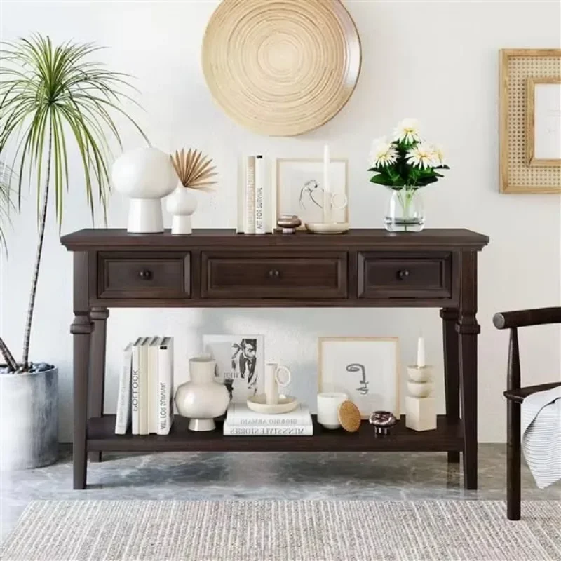 Classic retro-style espresso console table with three top drawers and bottom open shelf for easy assembly