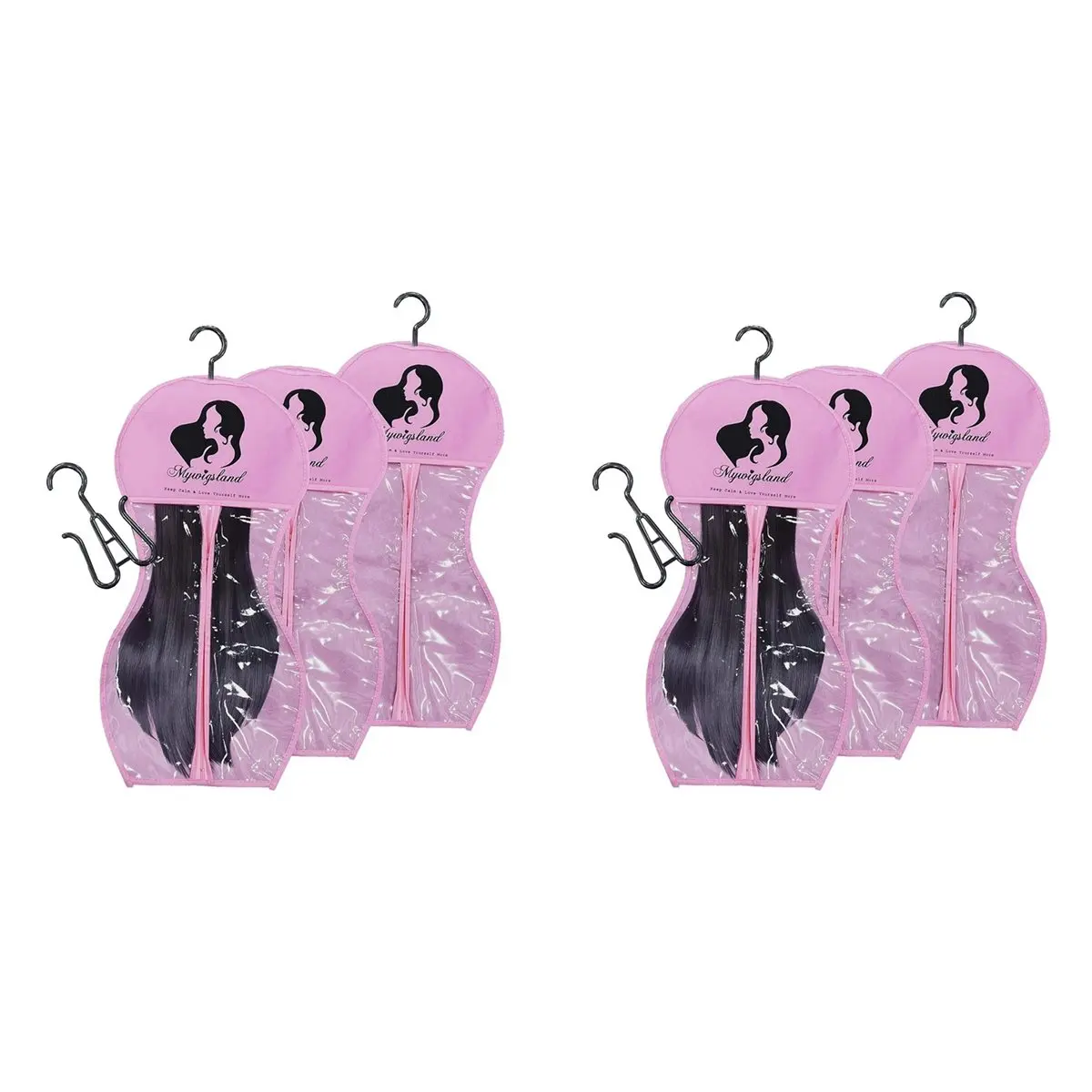 أكياس تخزين شعر مستعار A01F مع شماعة، شماعة شعر مستعار لشعر مستعار متعدد، أكياس تخزين شعر مستعار، حقيبة تخزين شعر مستعار على شكل ساعة رملية 6 قطع وردي #6