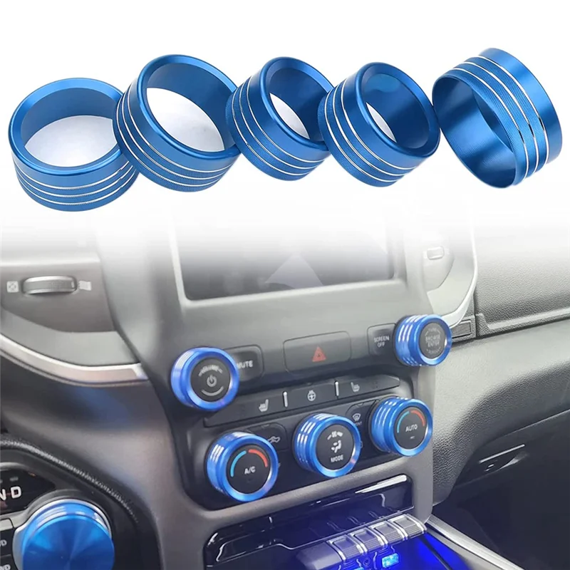 For Dodge Ram Accessories 2018-2021 Control Knob Cover AC/Volume/Mode/AUTO/Browse Switch Decor Button Trim,Blue 5PCS