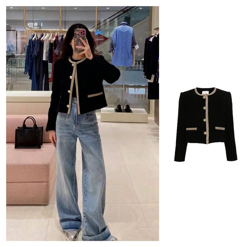 

Black Diamond Decorated Short Coat Classic Woolen Tweed Straight Cut Style Women's Fashion Autumn Winter Outerwear