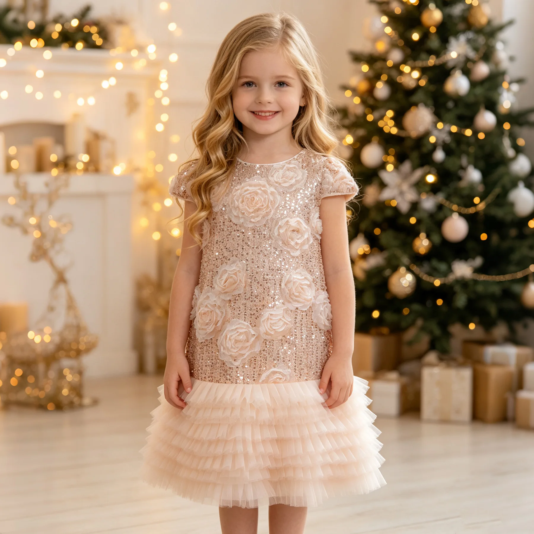 HETISO Golden Sequin Girls Party Ball Gown 3D Flower Baby Kids Holiday Birthday Dresses Children's Tutu Princess Costume