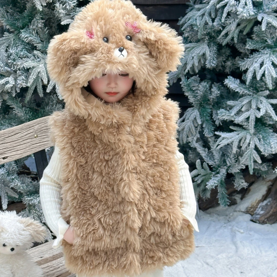 

Жилет для девочек, осень 2022, новая детская одежда, корейский стиль, плюшевая толстовка с капюшоном для девочек, шерстяное пальто с имитацией ягненка