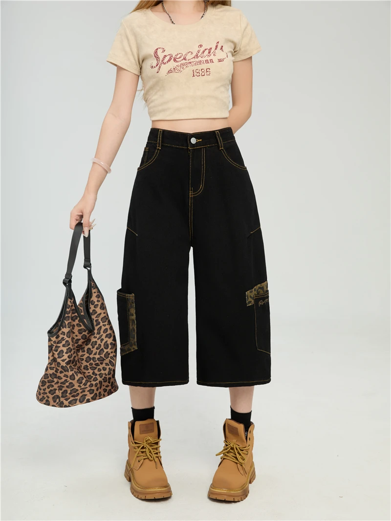 

Women's Black Leopard Print Patchwork Denim Shorts American Ins 90s Y2K Cargo Denim Shorts Loose Wide-Leg High-Street Streetwear