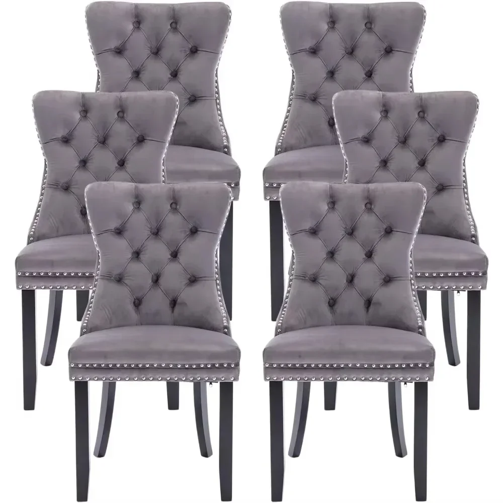 

Velvet Dining Chairs Set of 6, Upholstered Dining Room Chairs with Ring Pull Trim and Button Back, Luxury Tufted Dining Chairs
