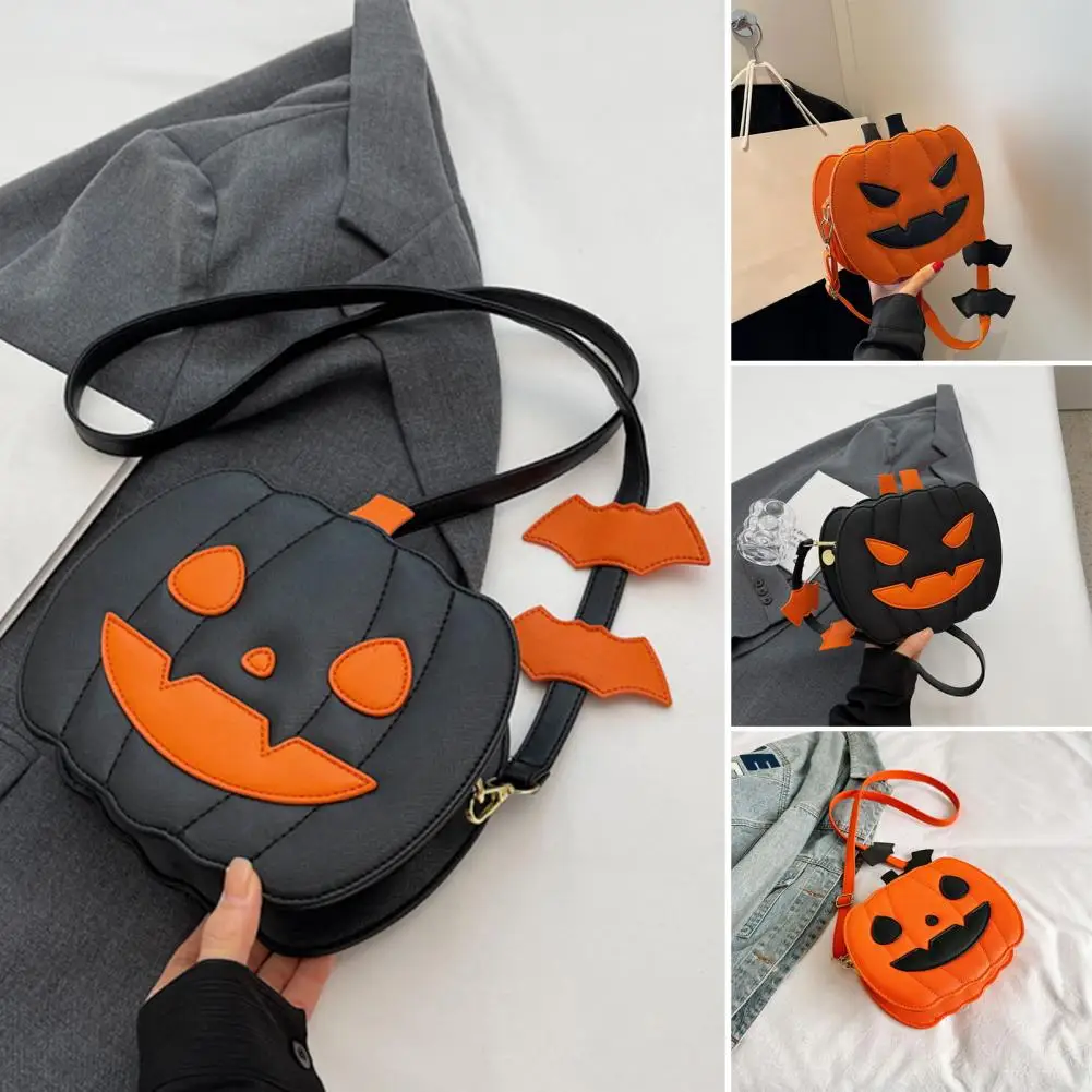 Lady Purse Spooky Halloween Crossbody Bag with Pumpkin Shape Demon Bat Design Adjustable Strap Zipper Closure for Travel Dating