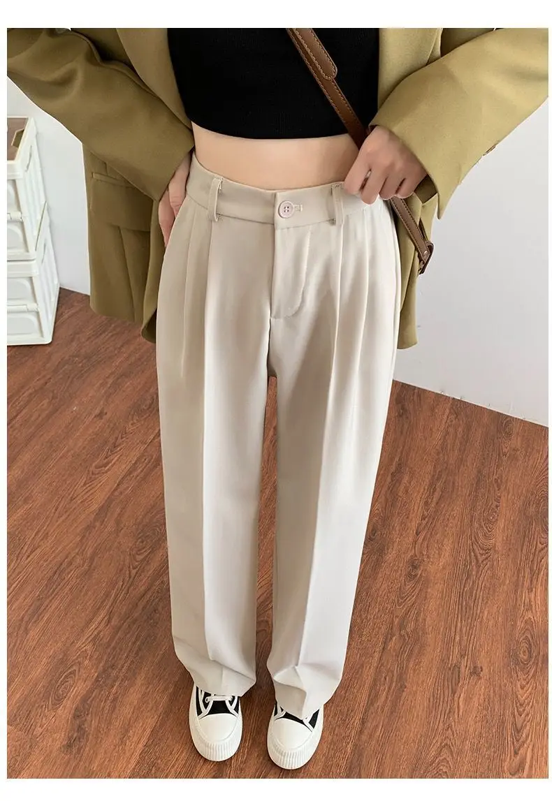 2023 New Retro Straight Wide Leg Brown Pants Vintage Female Korean High Waist Casual Long Navy Blue Pants White Beige Trousers