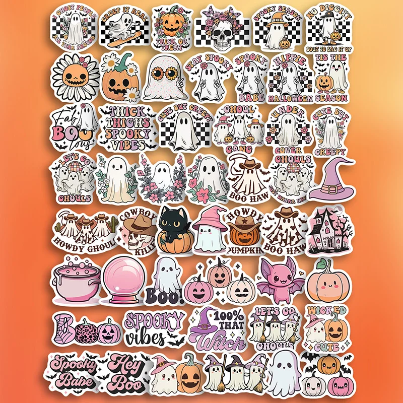 50pcs Western Halloween Sticker Pumpkin Ghost Stickers Waterproof Water Bottle Stickers Scrapbooking Skateboard Luggage Stickers