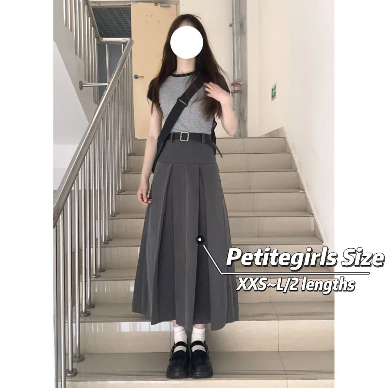 

150cm Shortgirls Pleated Midi Skirt Mid length version Women High Waist A-line Wrap buttocks XS Appear High College Style Spring