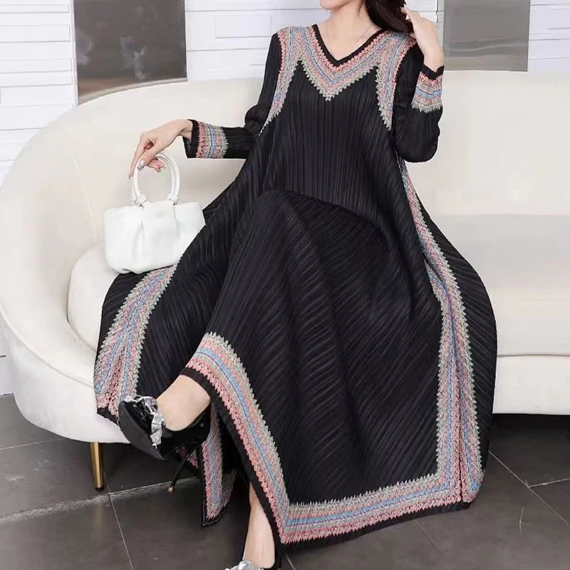 

Pleated clothing pleated large dress 2024 summer new high-end printed loose casual mid length skirt for women