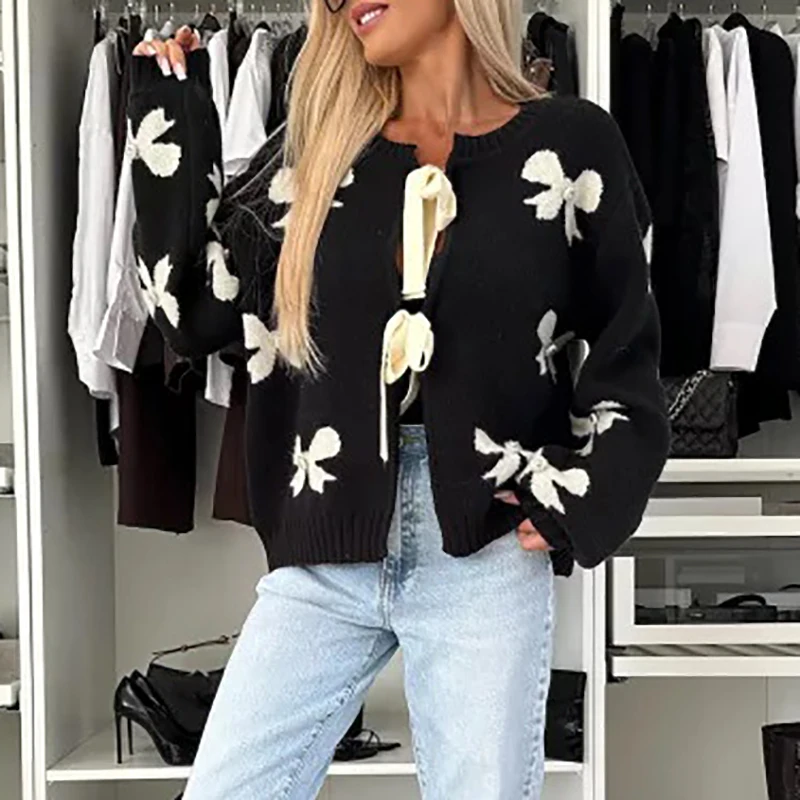 Elegant Long Sleeve Commuter Sweater 2024 New Winter Butterfly Knot Printed Sweater Women's Casual O Neck Lace Up Loose Cardigan