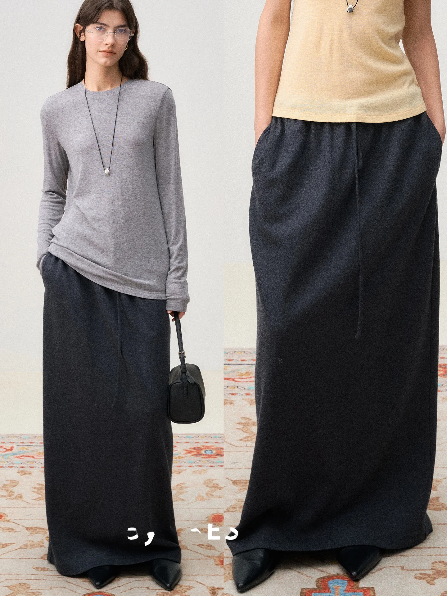 

First Class Series Fre Moi Merino Wool Baby Skin High Waist Dstring Commute Long f Skirt Women's Simple Sle Skirt