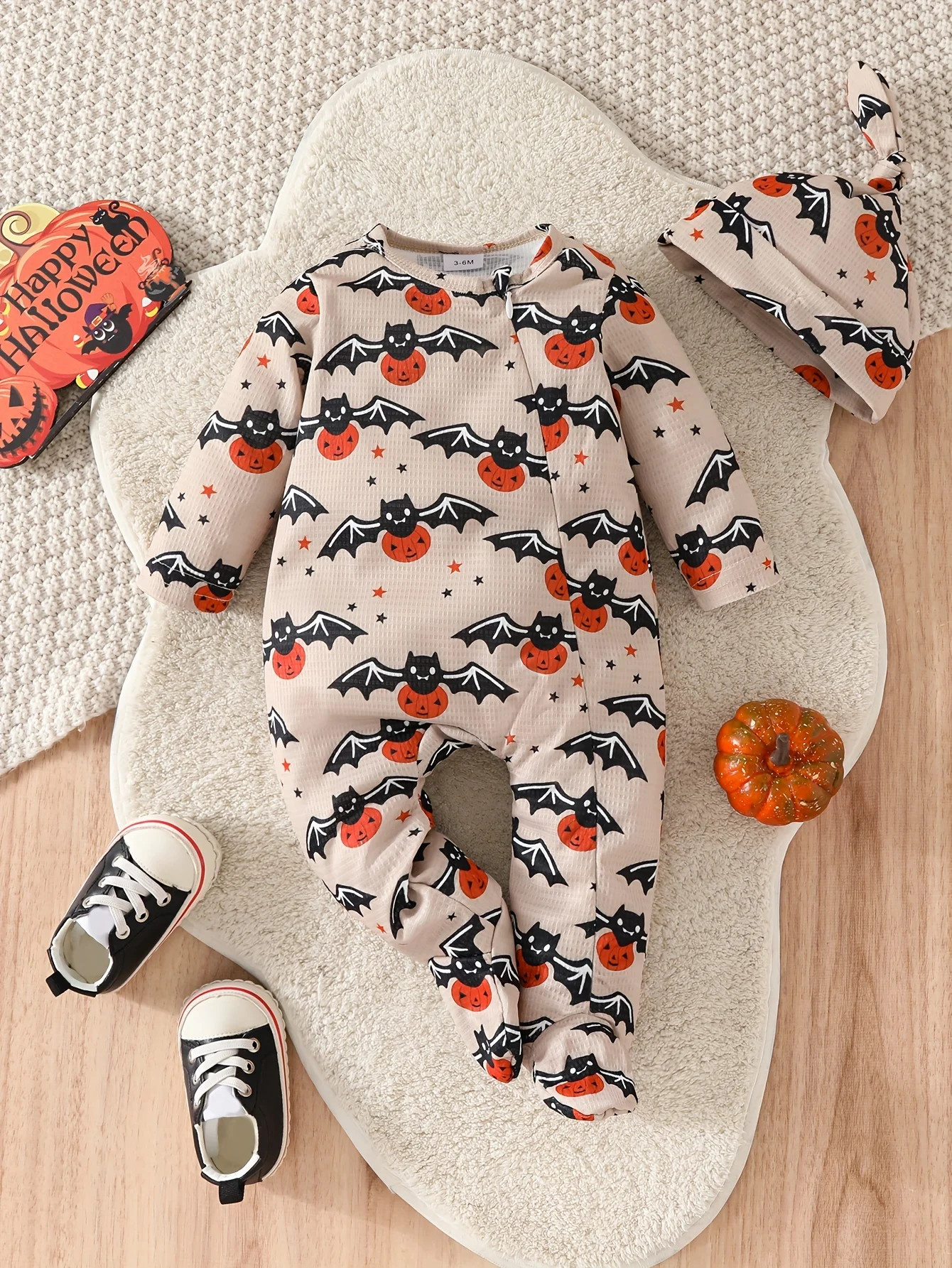 0-2 years old baby autumn outing costume Halloween bat pumpkin cartoon pattern foot onesie + hat two-piece set