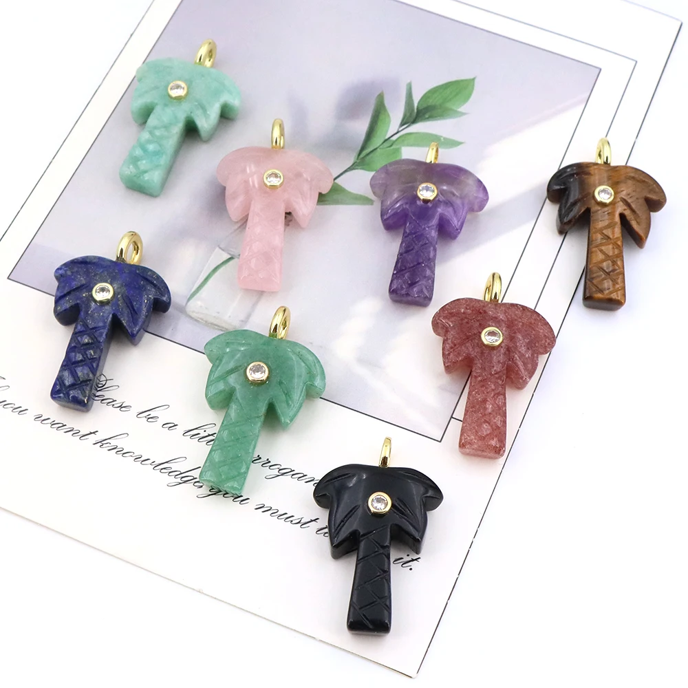 Natural Stone Coconut Tree Pendant with Zircon Crystal Gemstone Charms for Jewelry Making Handicrafts DIY Necklace Accessories - view 4