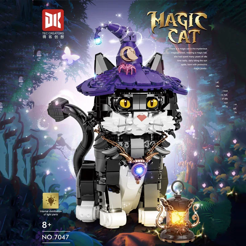 NEW Creative Wizard Cat Building Blocks Animal Magic Cat Model with Lighting Children's Education Toys Halloween birthday Gifts