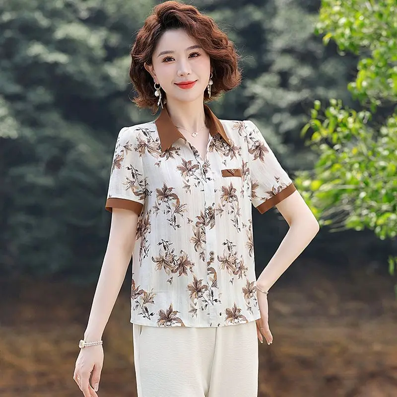 Women's New Splicing Socket Lapel Button Printing Stylish Loose Versatile Casual Short-sleeved Blouses Shirts