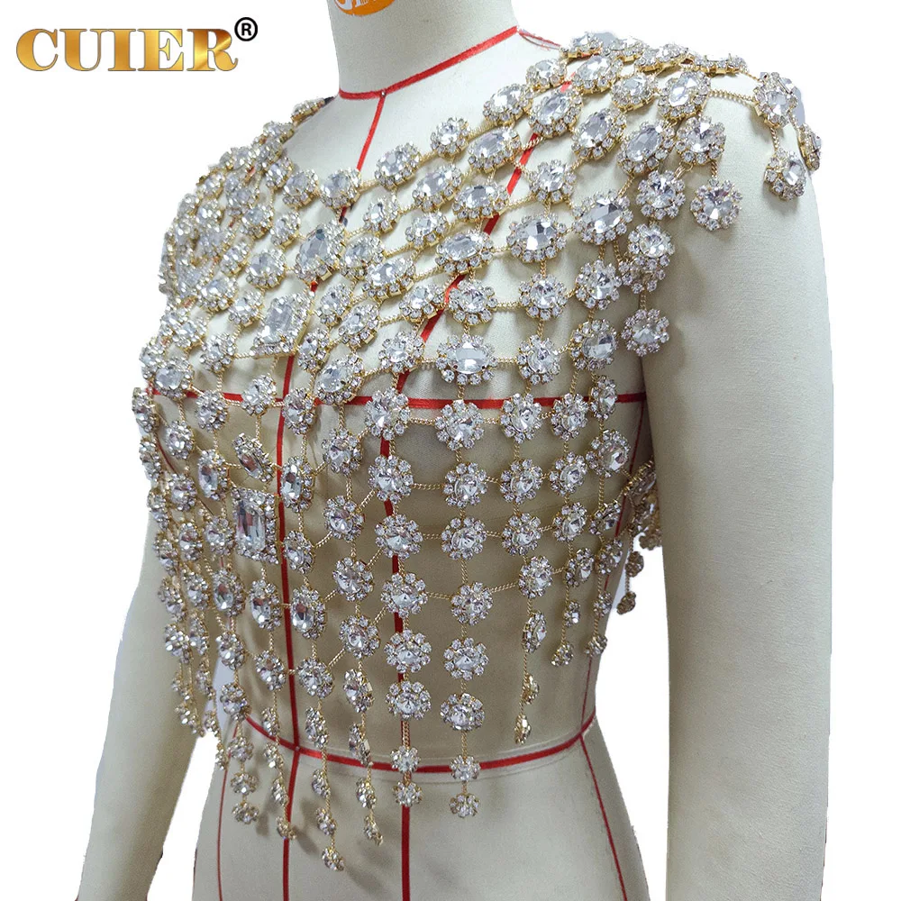 CUIER Top Quality Rhinestone Tops for Women Gold Body Chain Jewelry Crystal Glass Gemstones Decorations for Night Club