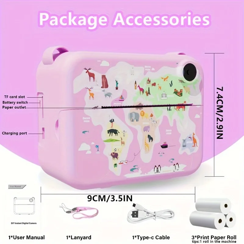 Kids Camera Instant Print, Portable Travel Digital Camera Toys for boys and grils with 720P Video, with 3 Rolls Printing Paper