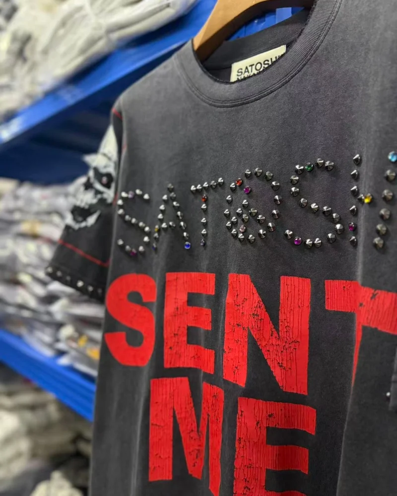 Summer Latest Highest Quality Fashion High Street SATOSHI NAKAMOTO Washed Distressed Beaded Destroyed Short-Sleeve T-Shirt