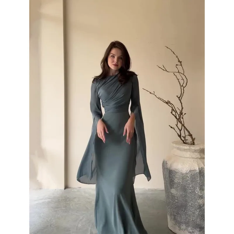 Batwing Sleeve Elegant Long Dresses Eid Muslim High Waist Maxi Dresses Bright Silk Evening Party Dress Bodycon Dresses For Women