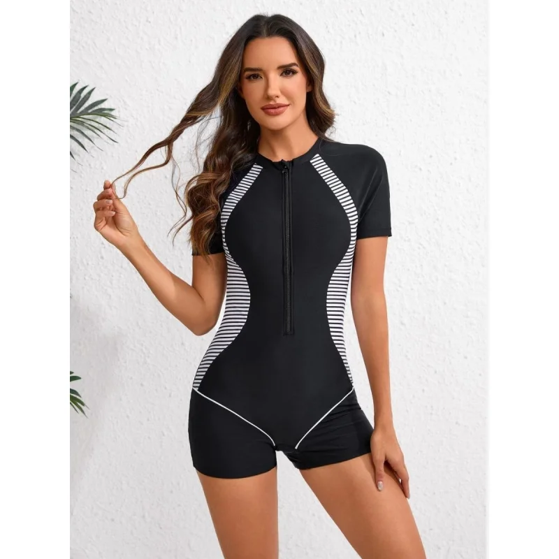 

Полосатый женский спортивный купальник с передней молнией, цельный купальник, пляжная одежда, купальный костюм