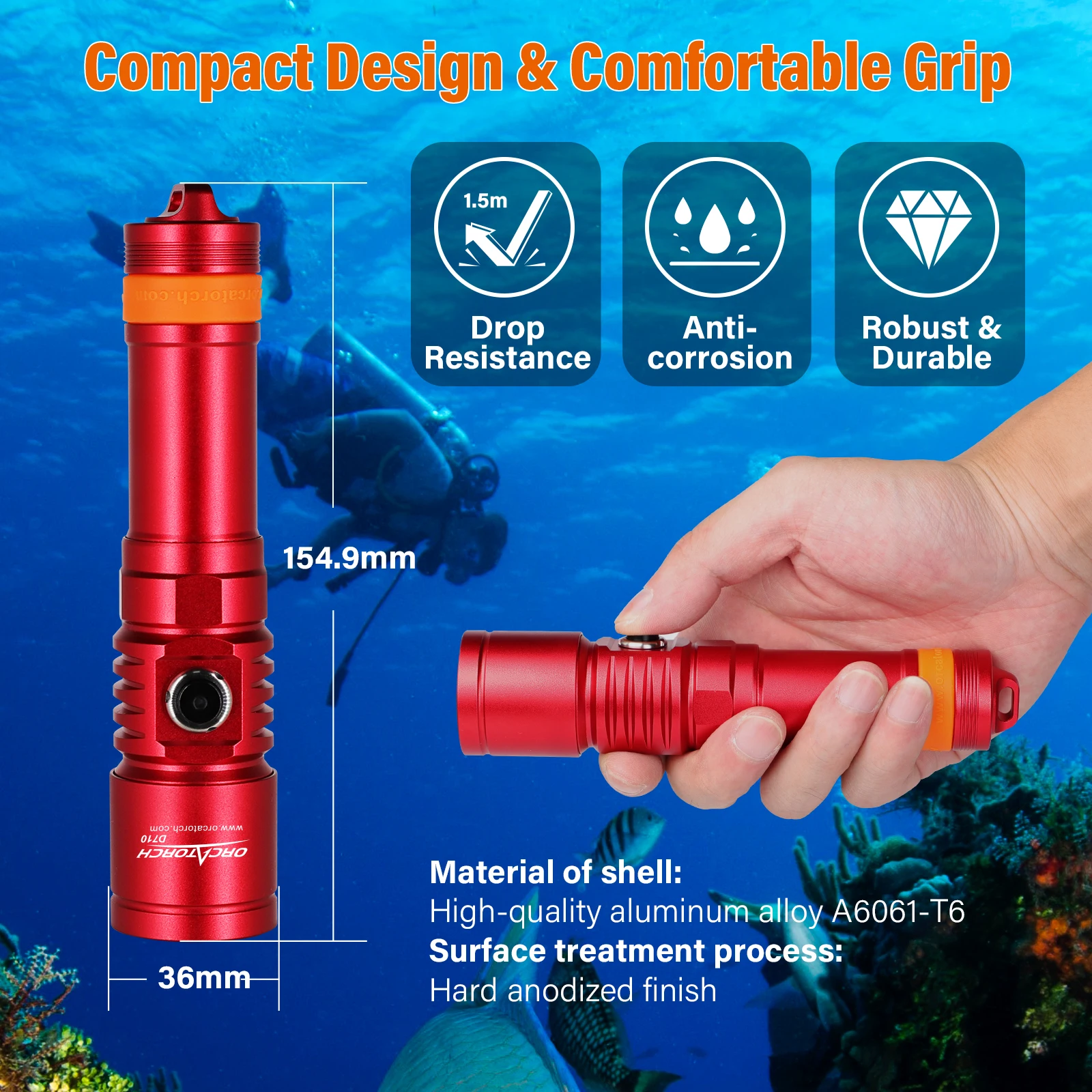 Orcatorch D710 Powerful Underwater Lantern Professional Diving Flashlight Rechargeable LED Torch Light Submersible Diving Lamp