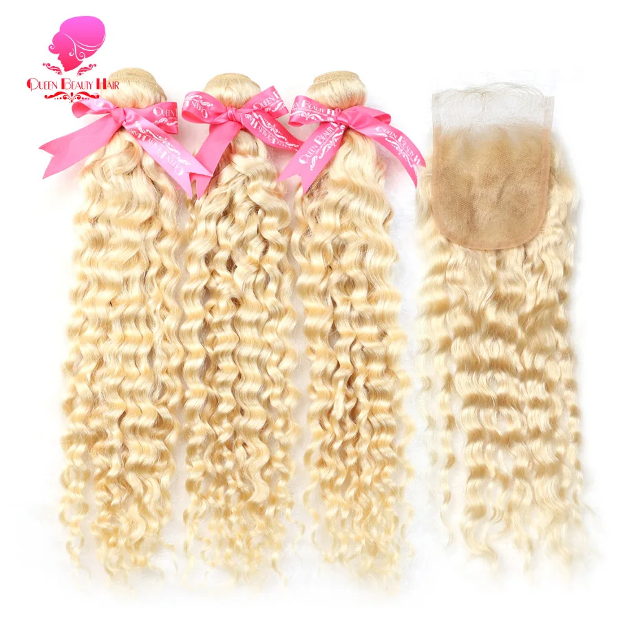 613 Honigblond gefärbtes 100% Echthaar, tiefe Wellen, 2, 3, 4 Bündel mit Verschluss, tief gelocktes Echthaarbündel mit 4x4 Spitzenverschluss – Detail 3