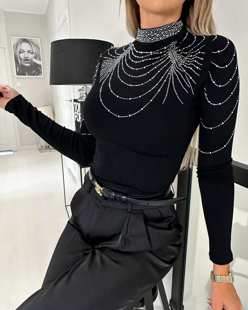 Top Vrouwen Breien Dieptepunt T-shirts Lange Mouw Diamanten Stand Hals Tees Office Lady Gebreide Hemdjes Blouse Tops 2025