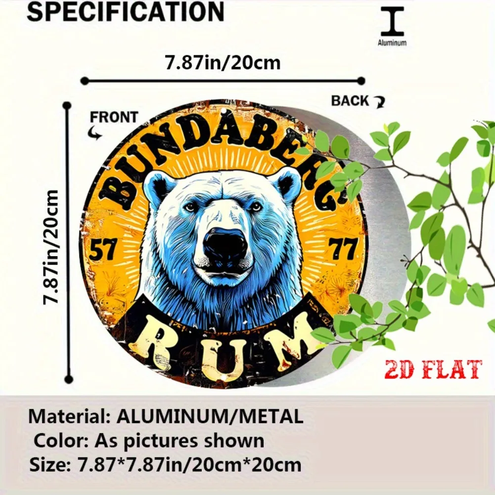 [مسطح 21D] قطعة واحدة من لافتة ألومنيوم مستديرة من Bundaberg Rum - لوحة فنية جدارية معدنية على شكل دب ريفي مقاس 7.87 بوصة، أصفر وأسود، بدون إطار