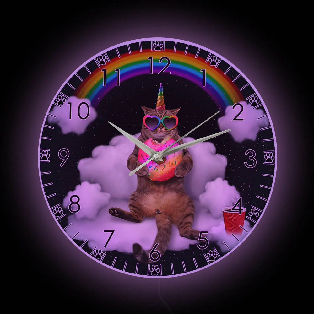 Unicorn Cat With Donut Silent Non Ticking Clock For Bedroom Meowgical Caticorn Rainbow Kitten LED Wall Clock Bedside Wall Lamp