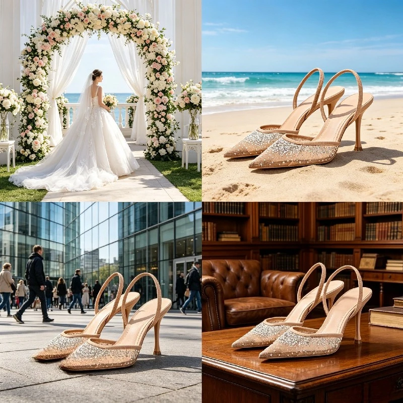 High Heels Shoes for Women Luxury Designer Shiny Rhinestone Summer Sexy Pointed Toe Pumps Elegant Slingbacks Heeled Sandals