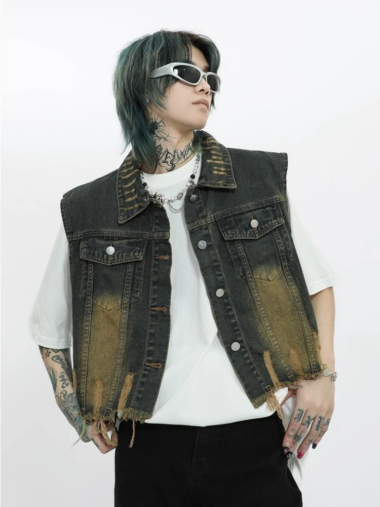 

Vintage Distressed Denim Vest for Men Retro Western Style Unisex Short Sleeveless Jacket​