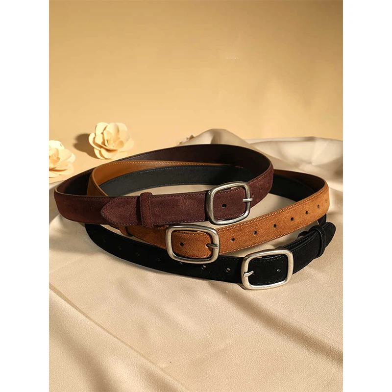 Fashion Suede Cowhide Women‘s Belts Genuine Leather 3cm Wide Belt Metal Buckle Women Belt Matched Dress Jeans Skinny Girdle