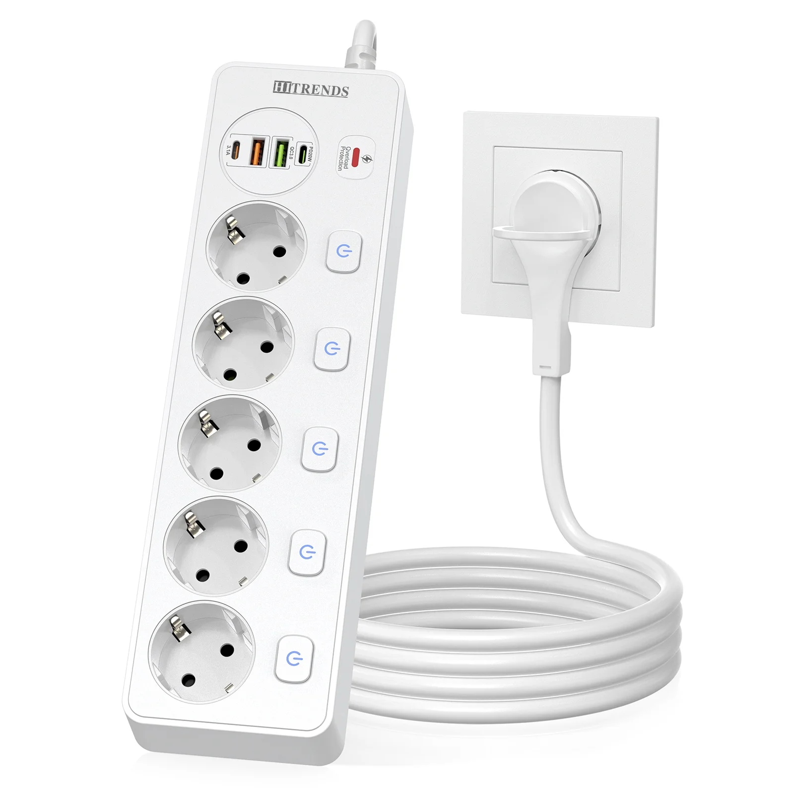 

Настенный многофункциональный удлинитель 9-в-1 с быстрой зарядкой USB-C PD20W + защита от перенапряжения QC3.0, 2-метровый удлинительный кабель