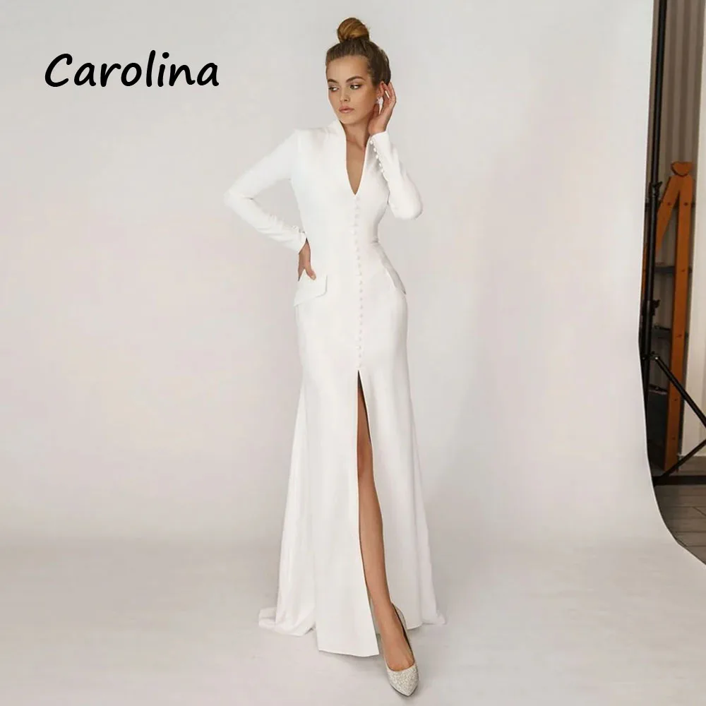 

Carolina White V-Neck Long Sleeve Mermaid 2024 Slim Front Split Ocassion Gown Floor-Length Formal Evening Dress Party Dress