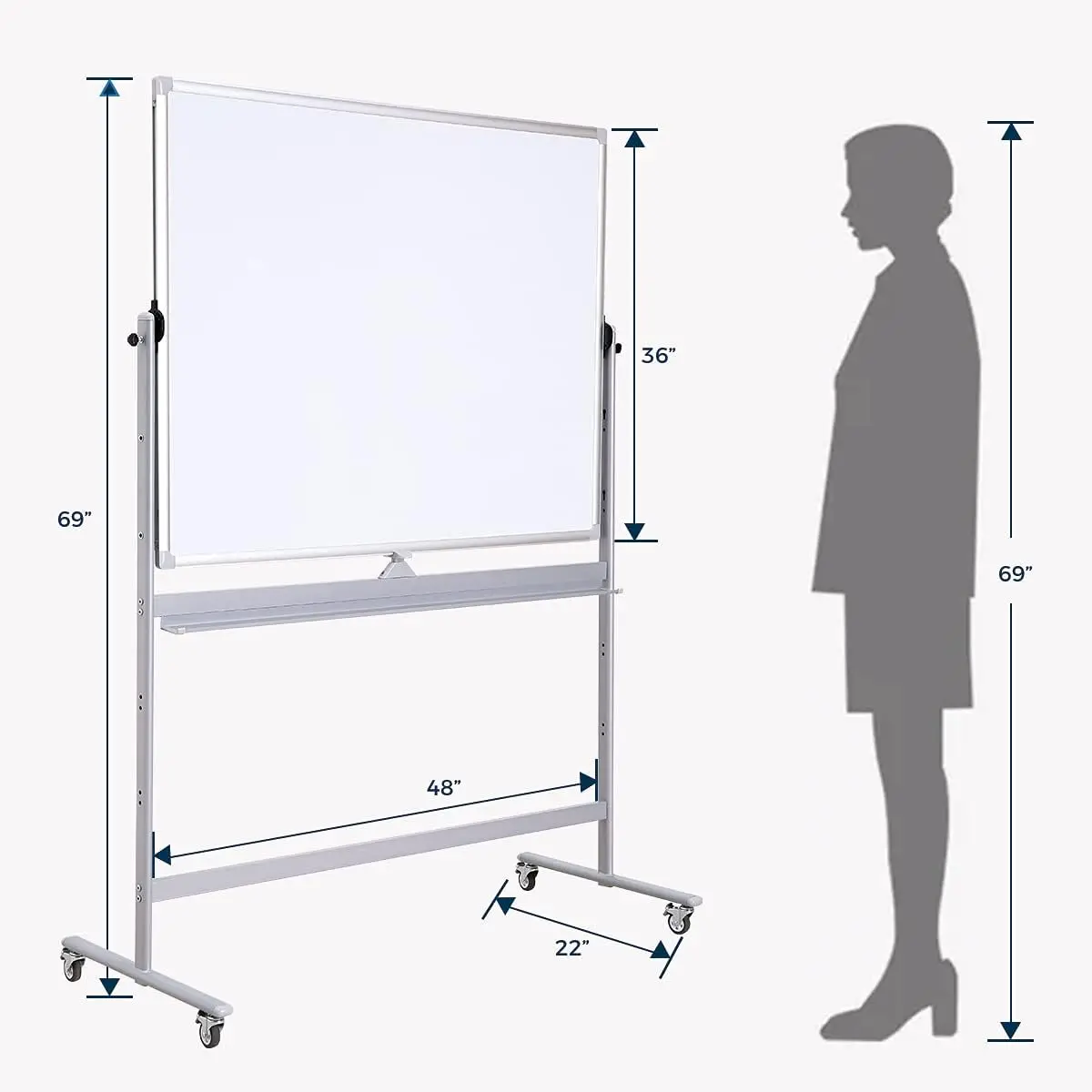 Pizarra blanca móvil magnética, 48x36 pulgadas, altura ajustable 360 °, doble cara, rodante sobre ruedas, oficina, aula, hogar Mag