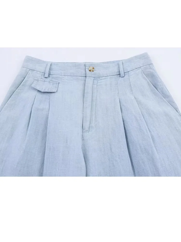 HH Camicie a maniche lunghe con colletto rovesciato moda donna estiva + tasche sottili con bottoni con cerniera Pantaloni dritti Set da 2 pezzi in denim