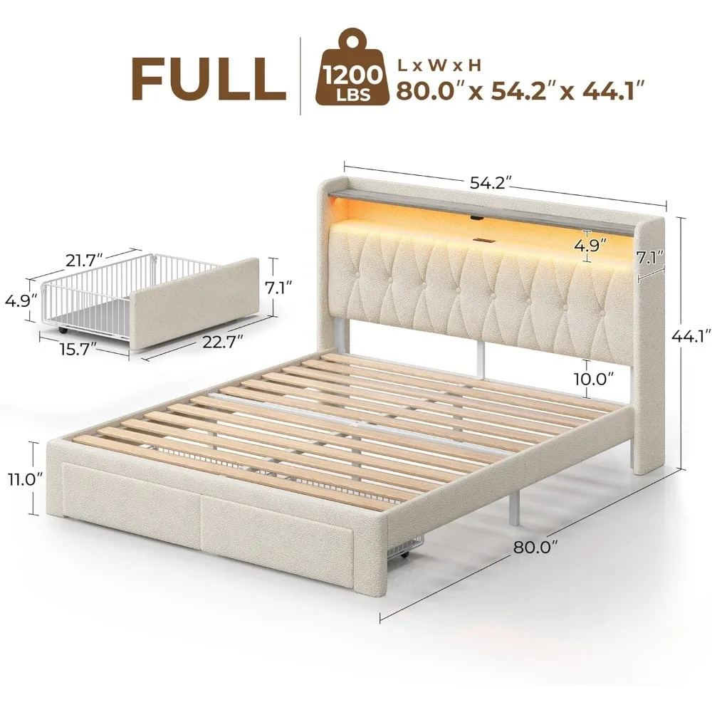 Bed Frame with Drawers, Storage Headboard with Charging Station and LED Lights, Upholstered Bed with Heavy Duty Wood Slats