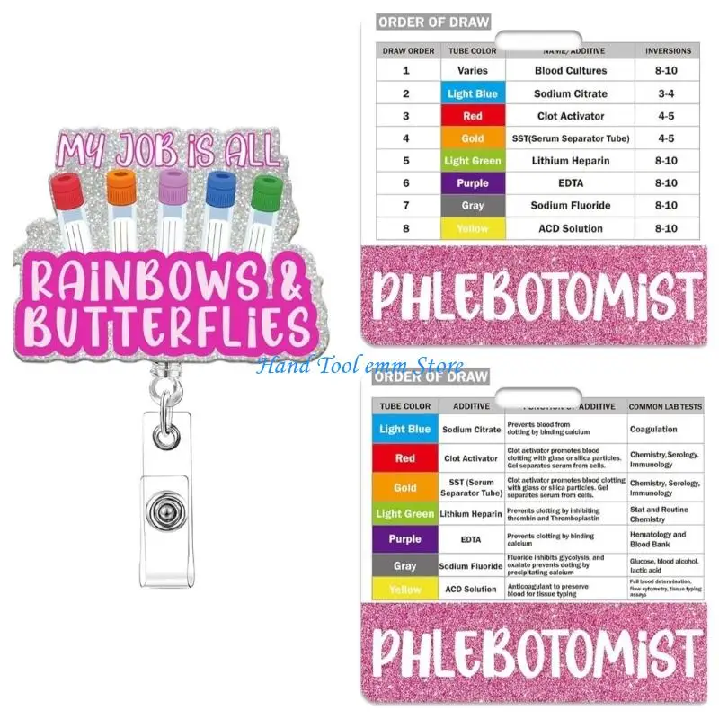 H37F Phlebotomy Reference Card Clip with Retractable Pull Cord, Clip and Strap for Hospital and Clinic Staff