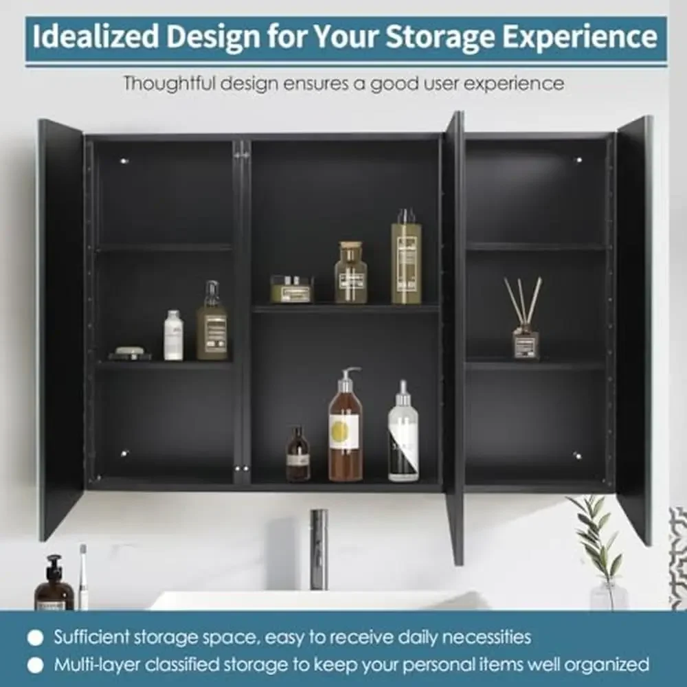 Modern 3-Door Black Mirror Cabinet 40x28" Wall Mount Bathroom Medicine Storage Shelf