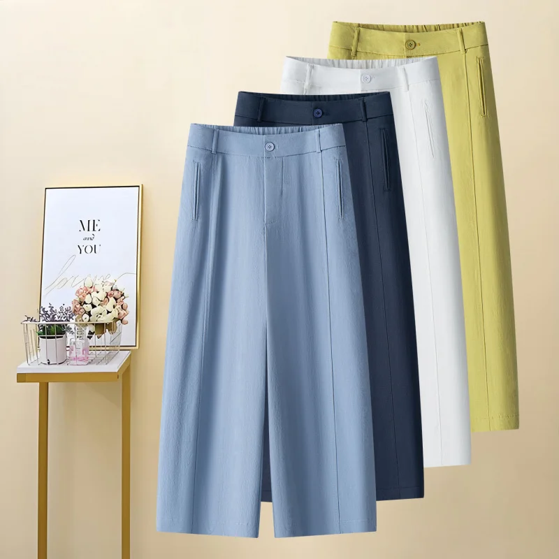 

Небесно-голубые укороченные брюки для женщин, летние брюки для женщин среднего возраста, свободные широкие брюки, тонкие повседневные прямые брюки длиной 7/8.