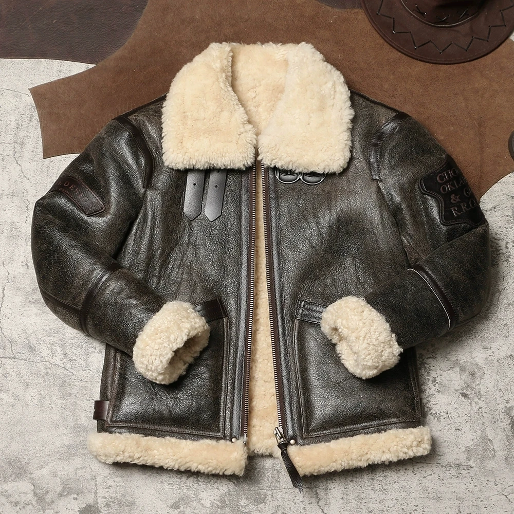 Casaco de lã quente Merino Fur Genuine Sheep Shearling Jacket, DSF1251, tamanho asiático, Air Force Pilot Skin Coat, alta qualidade